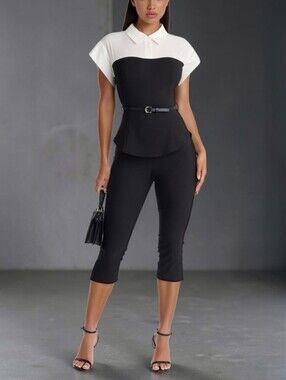 Fashion Nova Black & White Belted Capri Jumpsuit